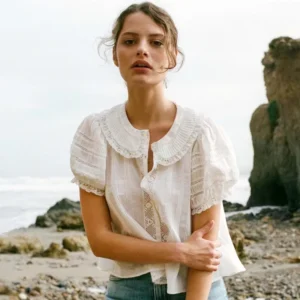 Women's White Cotton Lace Blouse with Puff Sleeves