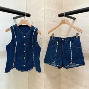 Women's Rhinestone Denim Vest and Matching Shorts