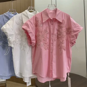 Women's 3D Floral Embroidered Short Sleeve Button-Up Blouse