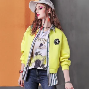 Women's Striped Two-Piece Style Polo Collar Jacket
