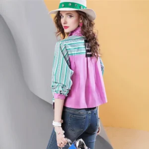 Women's Vertical Stripe Long Sleeve Blouse with Contrast Stitching