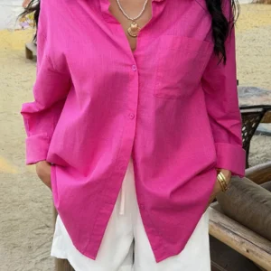 Women's Linen Button-Up Lapel Blouse with Pocket